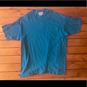 VTG 90s Le Tigre XL aqua blue Pocket T Shirt  Single Stitch Made In USA